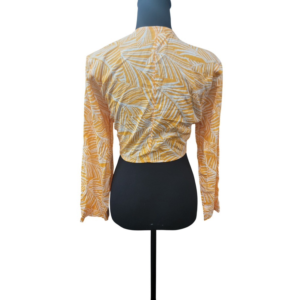 Shade & Shore Yellow Tropical Palm Print Tie Front Crop Top Linen Blend Small - Picture 4 of 6